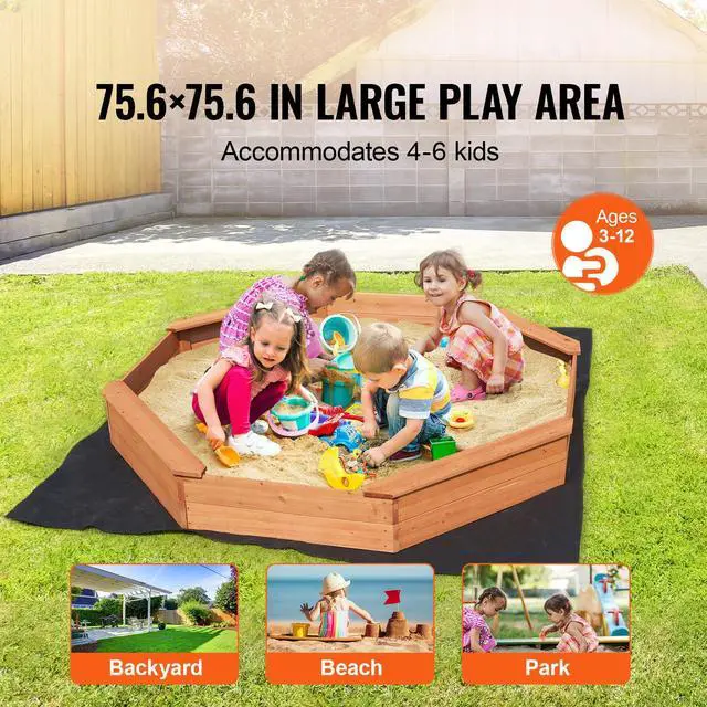Alt view image 2 of 7 - Wooden Sandbox with Cover, 75.6 x 75.6 x 9.1 in Octagonal Sand Box, Sand Pit with 4 Seating and Bottom Liner, Kids Sandbox for Outdoor Backyard, Beach, Park, Gift for Boys Girls Ages 3-12