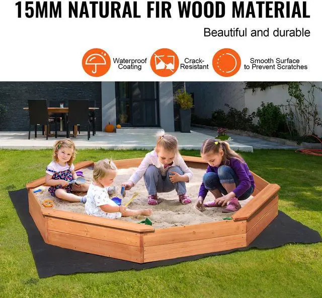 Alt view image 3 of 7 - Wooden Sandbox with Cover, 75.6 x 75.6 x 9.1 in Octagonal Sand Box, Sand Pit with 4 Seating and Bottom Liner, Kids Sandbox for Outdoor Backyard, Beach, Park, Gift for Boys Girls Ages 3-12