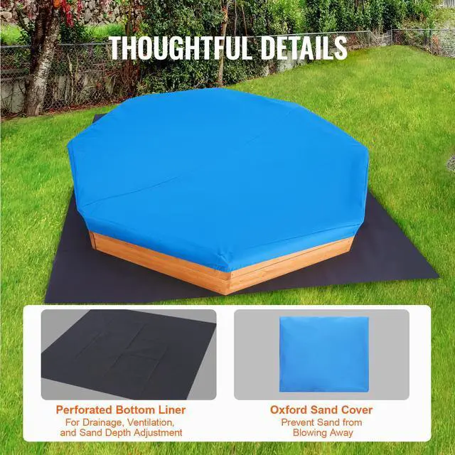 Alt view image 6 of 7 - Wooden Sandbox with Cover, 75.6 x 75.6 x 9.1 in Octagonal Sand Box, Sand Pit with 4 Seating and Bottom Liner, Kids Sandbox for Outdoor Backyard, Beach, Park, Gift for Boys Girls Ages 3-12