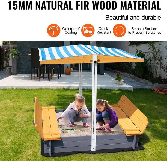 Alt view image 3 of 7 - Wooden Sandbox with Canopy, 57.3 x 47.2 x 47.2 in Sand Box, Sand Pit with Foldable Bench Seats and Bottom Liner, Natural Wood Kids Sandbox for Outdoor Backyard, Beach, Park, Gift for Ages 3-12
