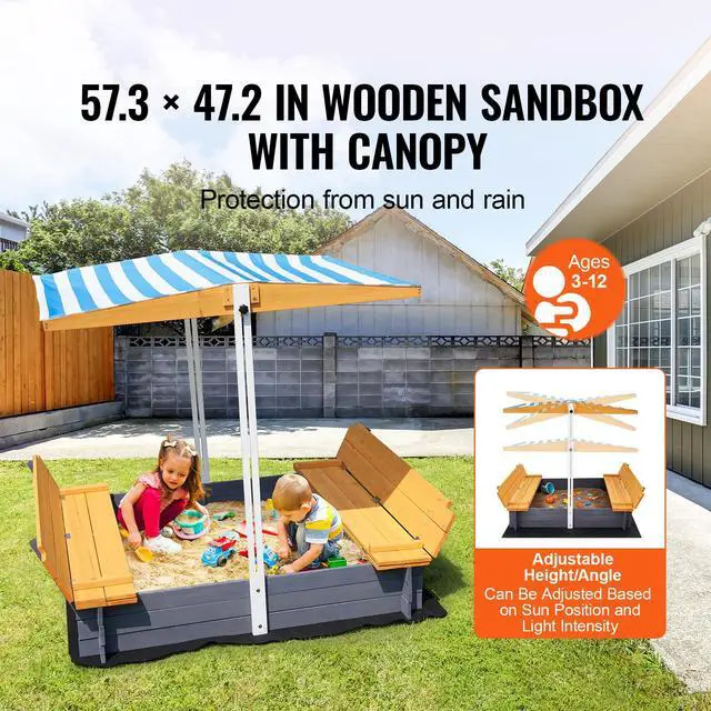 Alt view image 2 of 7 - Wooden Sandbox with Canopy, 57.3 x 47.2 x 47.2 in Sand Box, Sand Pit with Foldable Bench Seats and Bottom Liner, Natural Wood Kids Sandbox for Outdoor Backyard, Beach, Park, Gift for Ages 3-12