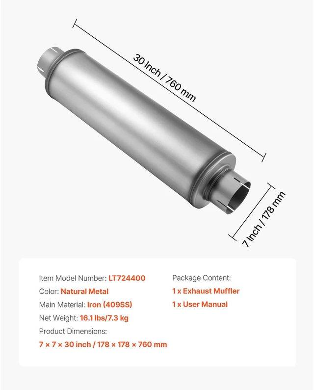 Alt view image 7 of 14 - Exhaust Muffler, 4 Inch Inlet & Outlet, 30 Inch Overall Length Stainless Steel Exhaust Tip, Universal Resonator Round Body, High Performance for Trucks, Sedans, Sports Cars, SUVs & Daily Drivers