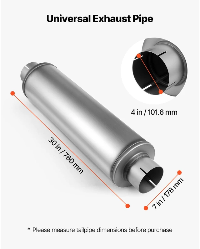Alt view image 4 of 14 - Exhaust Muffler, 4 Inch Inlet & Outlet, 30 Inch Overall Length Stainless Steel Exhaust Tip, Universal Resonator Round Body, High Performance for Trucks, Sedans, Sports Cars, SUVs & Daily Drivers