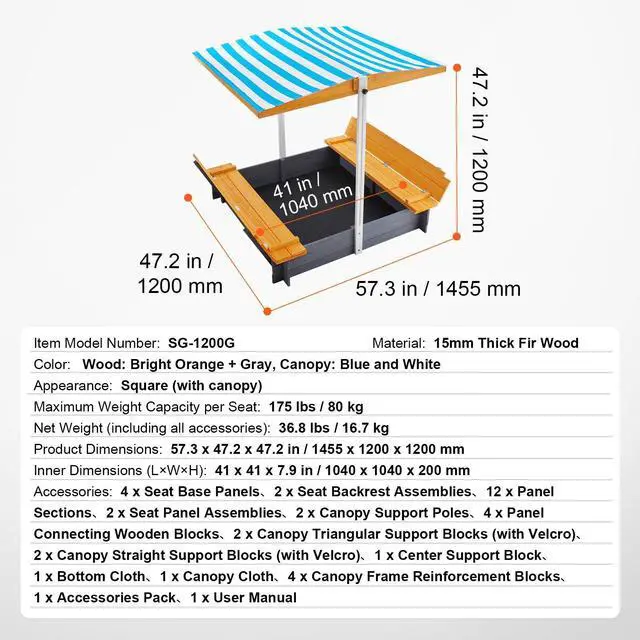 Alt view image 7 of 7 - Wooden Sandbox with Canopy, 57.3 x 47.2 x 47.2 in Sand Box, Sand Pit with Foldable Bench Seats and Bottom Liner, Natural Wood Kids Sandbox for Outdoor Backyard, Beach, Park, Gift for Ages 3-12