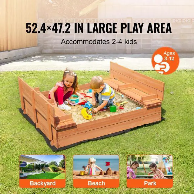 Alt view image 2 of 7 - Wooden Sandbox, 52.4 x 47.2 x 16.9 in Sand Box, Sand Pit with Foldable Bench Seats and Bottom Liner, Natural Wood Kids Sandbox for Outdoor Backyard, Beach, Park, Gift for Boys Girls Ages 3-12