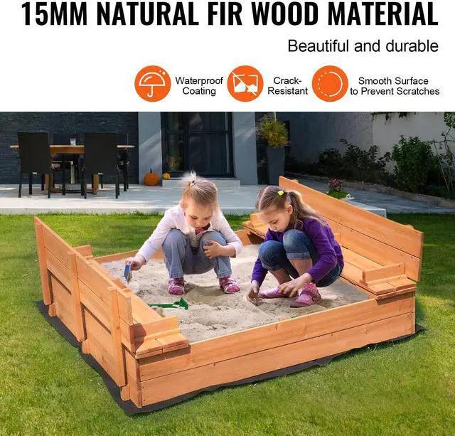 Alt view image 3 of 7 - Wooden Sandbox, 52.4 x 47.2 x 16.9 in Sand Box, Sand Pit with Foldable Bench Seats and Bottom Liner, Natural Wood Kids Sandbox for Outdoor Backyard, Beach, Park, Gift for Boys Girls Ages 3-12