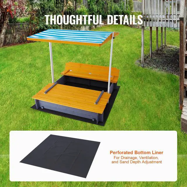 Alt view image 6 of 7 - Wooden Sandbox with Canopy, 57.3 x 47.2 x 47.2 in Sand Box, Sand Pit with Foldable Bench Seats and Bottom Liner, Natural Wood Kids Sandbox for Outdoor Backyard, Beach, Park, Gift for Ages 3-12