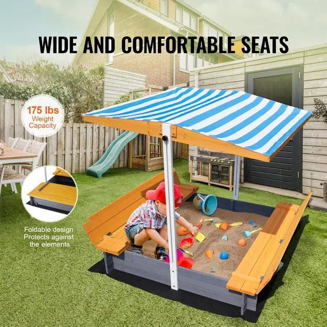 Alt view image 5 of 7 - Wooden Sandbox with Canopy, 57.3 x 47.2 x 47.2 in Sand Box, Sand Pit with Foldable Bench Seats and Bottom Liner, Natural Wood Kids Sandbox for Outdoor Backyard, Beach, Park, Gift for Ages 3-12