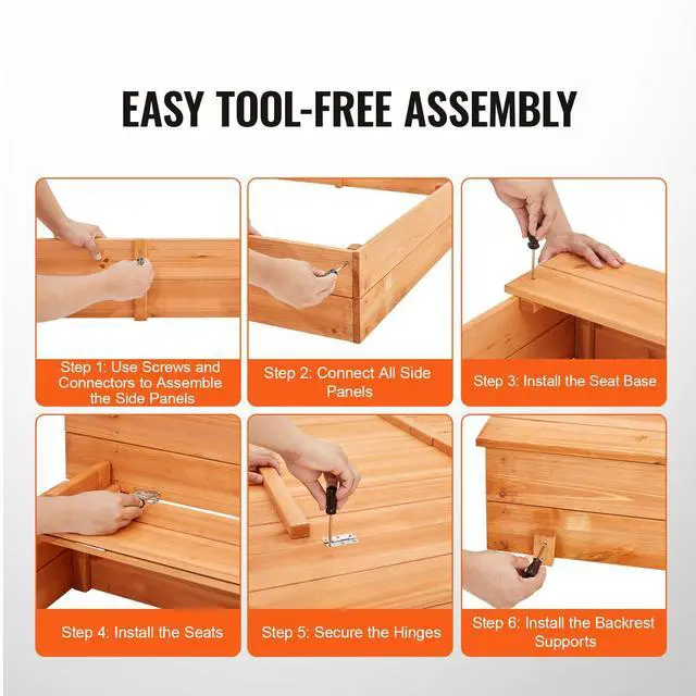 Alt view image 4 of 7 - Wooden Sandbox, 52.4 x 47.2 x 16.9 in Sand Box, Sand Pit with Foldable Bench Seats and Bottom Liner, Natural Wood Kids Sandbox for Outdoor Backyard, Beach, Park, Gift for Boys Girls Ages 3-12