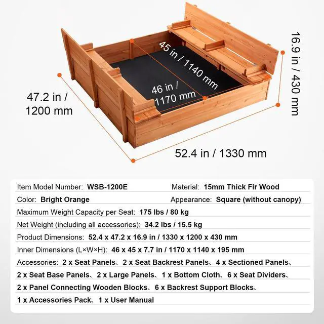 Alt view image 7 of 7 - Wooden Sandbox, 52.4 x 47.2 x 16.9 in Sand Box, Sand Pit with Foldable Bench Seats and Bottom Liner, Natural Wood Kids Sandbox for Outdoor Backyard, Beach, Park, Gift for Boys Girls Ages 3-12