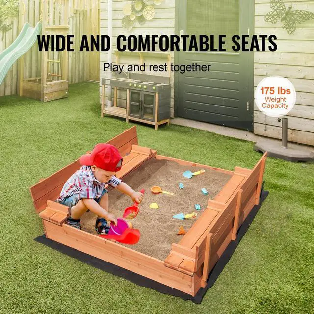 Alt view image 5 of 7 - Wooden Sandbox, 52.4 x 47.2 x 16.9 in Sand Box, Sand Pit with Foldable Bench Seats and Bottom Liner, Natural Wood Kids Sandbox for Outdoor Backyard, Beach, Park, Gift for Boys Girls Ages 3-12