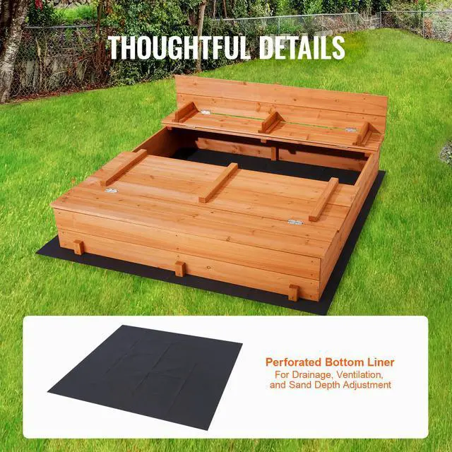 Alt view image 6 of 7 - Wooden Sandbox, 52.4 x 47.2 x 16.9 in Sand Box, Sand Pit with Foldable Bench Seats and Bottom Liner, Natural Wood Kids Sandbox for Outdoor Backyard, Beach, Park, Gift for Boys Girls Ages 3-12