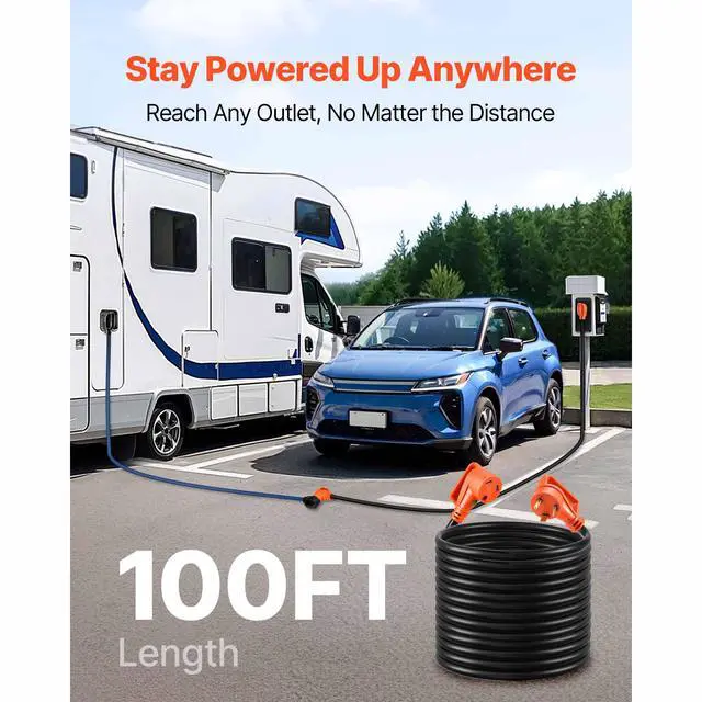 Alt view image 2 of 7 - 100 FT RV Extension Cord, 30 Amp, 125V 2500W Heavy Duty STW 10/3 Gauge Wire, NEMA TT-30P Male NEMA TT-30R Female Plug, with LED Power Indicator, Handle, 15A Adapter, for RV Trailer, ETL Listed