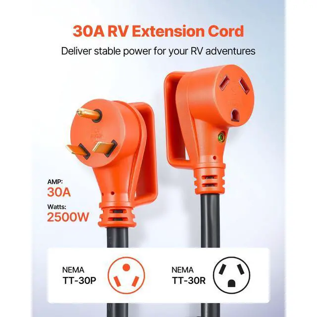 Alt view image 3 of 7 - 100 FT RV Extension Cord, 30 Amp, 125V 2500W Heavy Duty STW 10/3 Gauge Wire, NEMA TT-30P Male NEMA TT-30R Female Plug, with LED Power Indicator, Handle, 15A Adapter, for RV Trailer, ETL Listed