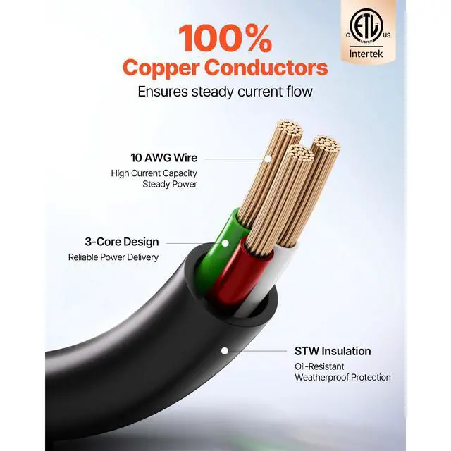 Alt view image 4 of 7 - 100 FT RV Extension Cord, 30 Amp, 125V 2500W Heavy Duty STW 10/3 Gauge Wire, NEMA TT-30P Male NEMA TT-30R Female Plug, with LED Power Indicator, Handle, 15A Adapter, for RV Trailer, ETL Listed
