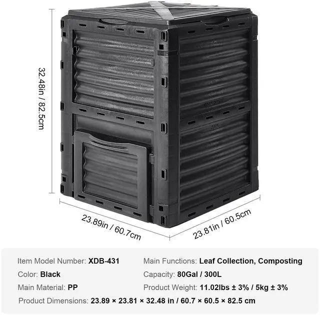 Alt view image 7 of 7 - Garden Compost Bin 80 Gal, BPA Free Composter, Large Capacity Outdoor Composting Bin with Top Lid and Bottom Door, Easy Assembling, Lightweight, Fast Creation of Fertile Soil