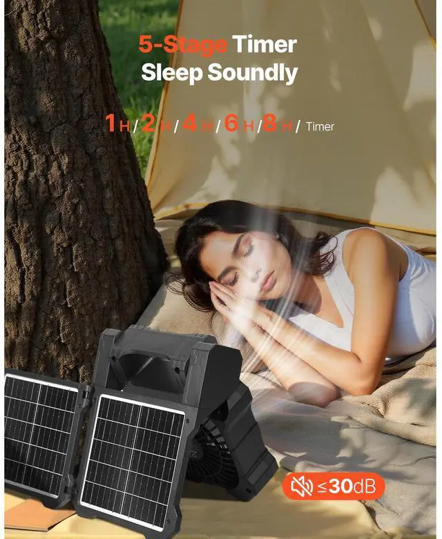 Alt view image 4 of 7 - 8000mAh Rechargeable Solar Fan with LED Lantern, 8 inch Portable Fan Cordless with 7W Foldable Solar Panel, 5-Speed& Timer& Quiet,USB Battery Powered for Camping Tent Worksite Office Desk