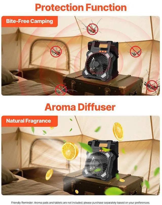Alt view image 6 of 7 - 8000mAh Rechargeable Solar Fan with LED Lantern, 8 inch Portable Fan Cordless with 7W Foldable Solar Panel, 5-Speed& Timer& Quiet,USB Battery Powered for Camping Tent Worksite Office Desk