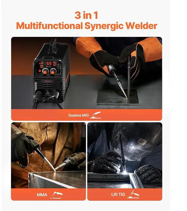 Alt view image 2 of 7 - MIG Welder, 130Amp Synergic Mig Welding Machine, 3-in-1 Flux Core MIG/Stick/Lift TIG Multi-Process Welder Machine, 110V Portable Mig Welder with IGBT Inverter Technology & Digital Display Screen