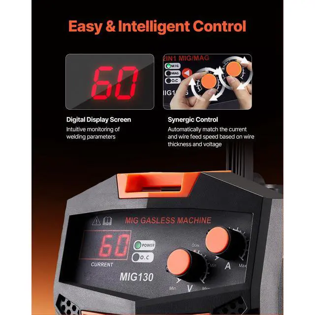 Alt view image 4 of 7 - MIG Welder, 130Amp Synergic Mig Welding Machine, 110V Gasless Flux Core Welder Machine, Portable Mig Welder with IGBT Inverter Technology and Digital Display Screen