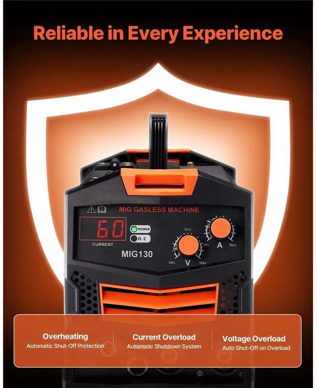 Alt view image 7 of 7 - MIG Welder, 130Amp Synergic Mig Welding Machine, 110V Gasless Flux Core Welder Machine, Portable Mig Welder with IGBT Inverter Technology and Digital Display Screen