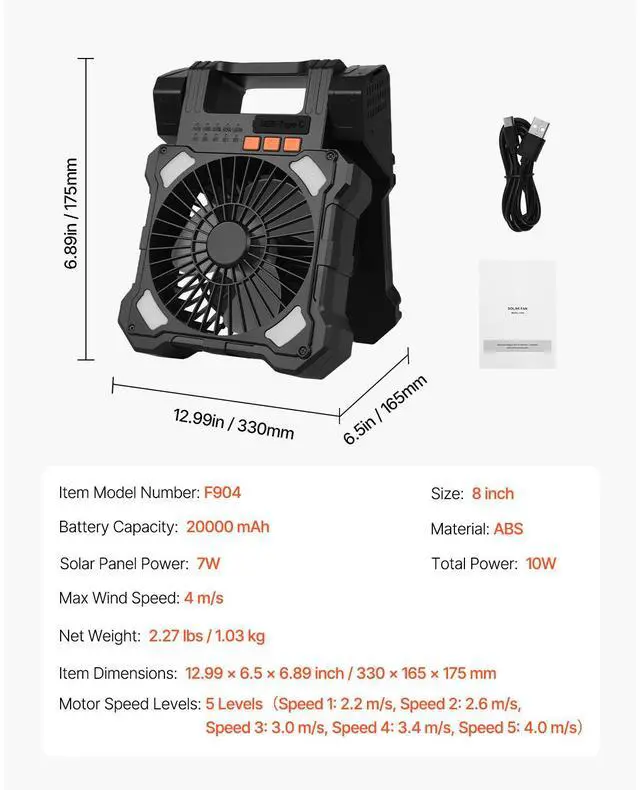 Alt view image 7 of 7 - 8000mAh Rechargeable Solar Fan with LED Lantern, 8 inch Portable Fan Cordless with 7W Foldable Solar Panel, 5-Speed& Timer& Quiet,USB Battery Powered for Camping Tent Worksite Office Desk