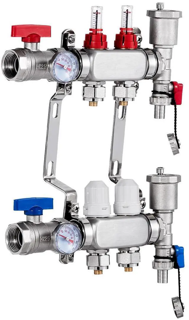 Main image of 2-Branch Radiant Heat Manifold, 1/2" PEX Tubing Manifold, Stainless Steel PEX Manifold for Hydronic Radiant Floor Heating, Radiant Heat PEX Manifold Kit with 1/2" Adapters Included