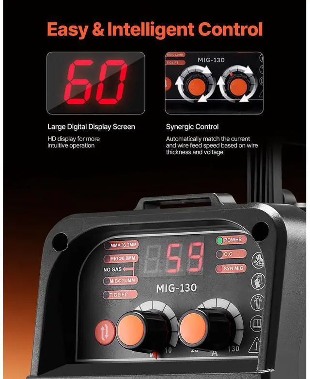 Alt view image 4 of 7 - MIG Welder, 130Amp Synergic Mig Welding Machine, 3-in-1 Flux Core MIG/Stick/Lift TIG Multi-Process Welder Machine, 110V Portable Mig Welder with IGBT Inverter Technology & Digital Display Screen