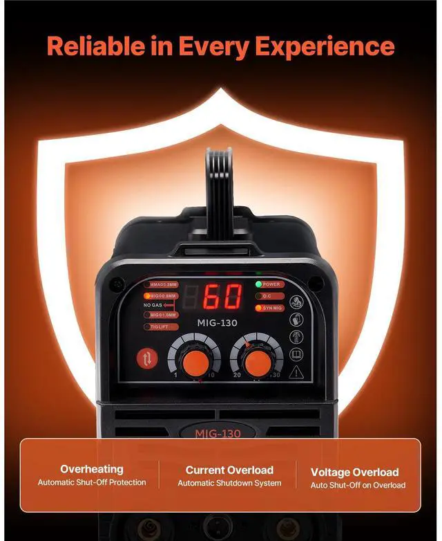 Alt view image 7 of 7 - MIG Welder, 130Amp Synergic Mig Welding Machine, 3-in-1 Flux Core MIG/Stick/Lift TIG Multi-Process Welder Machine, 110V Portable Mig Welder with IGBT Inverter Technology & Digital Display Screen
