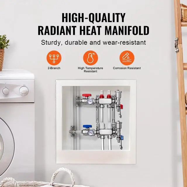 Alt view image 2 of 7 - 2-Branch Radiant Heat Manifold, 1/2" PEX Tubing Manifold, Stainless Steel PEX Manifold for Hydronic Radiant Floor Heating, Radiant Heat PEX Manifold Kit with 1/2" Adapters Included