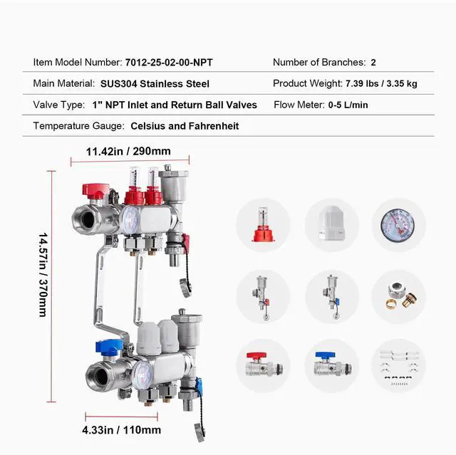 Alt view image 7 of 7 - 2-Branch Radiant Heat Manifold, 1/2" PEX Tubing Manifold, Stainless Steel PEX Manifold for Hydronic Radiant Floor Heating, Radiant Heat PEX Manifold Kit with 1/2" Adapters Included
