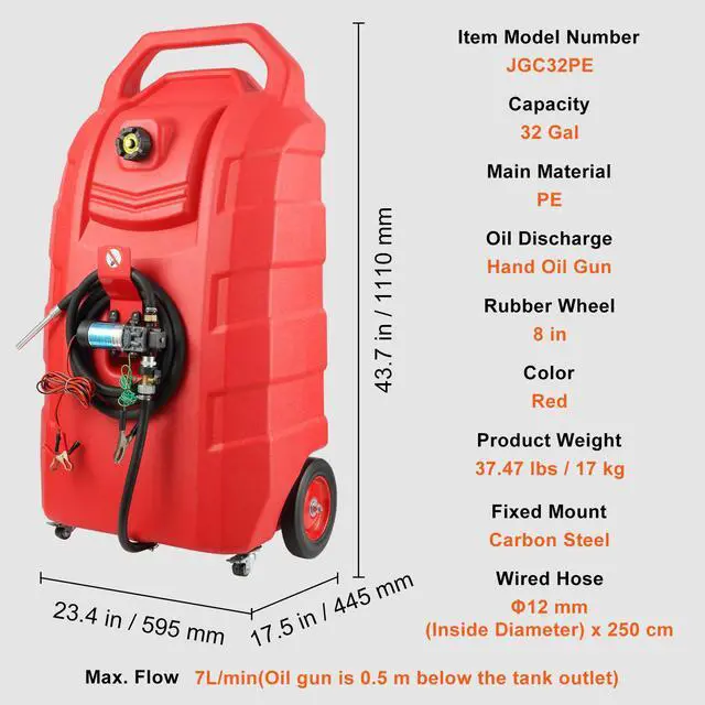 Alt view image 7 of 7 - Fuel Caddy, 32 Gallon, Portable Fuel Storage Tank On-Wheels, with 12V DC Transfer Pump, Gasoline Diesel Fuel Container with 8.2 ft Hose, Flow Rate 7L/min, for Trucks, Boats, Lawn Mowers