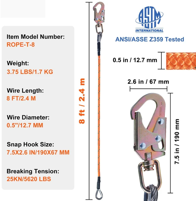 Alt view image 14 of 14 - Steel Core flipline, 1/2" x 8' Arborist Flipline, Flip Line for Tree Climbing with Alloy Steel Snap Hook, Aluminum Alloy Carabiner and Extra Tool Lanyard, for Arborist, Tree Climbers