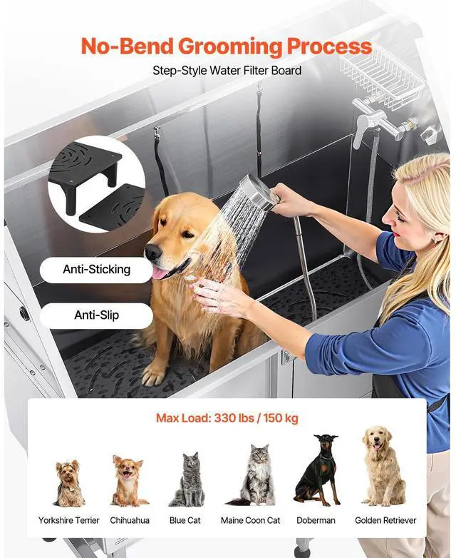 Alt view image 4 of 7 - Stainless Steel Dog Washing Station, 50 inch Pet Grooming Tub w/ Ramp, PE Water Filter Board, Faucet & Showerhead & Soap Holder Dog Bathtub for Large & Medium & Small Pets (Right Door)