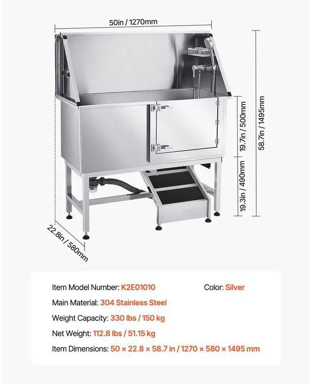 Alt view image 7 of 7 - Stainless Steel Dog Washing Station, 50 inch Pet Grooming Tub w/ Ramp, PE Water Filter Board, Faucet & Showerhead & Soap Holder Dog Bathtub for Large & Medium & Small Pets (Right Door)
