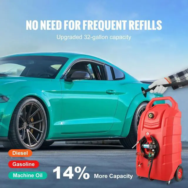 Alt view image 2 of 7 - Fuel Caddy, 32 Gallon, Portable Fuel Storage Tank On-Wheels, with 12V DC Transfer Pump, Gasoline Diesel Fuel Container with 8.2 ft Hose, Flow Rate 7L/min, for Trucks, Boats, Lawn Mowers