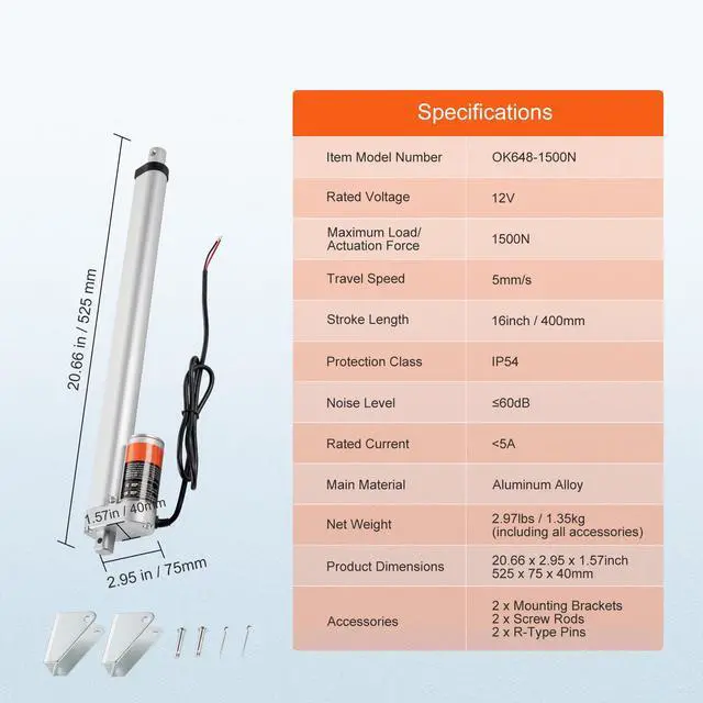 Alt view image 7 of 7 - Linear Actuator 12V, 16 Inch High Load 330lbs/1500N Linear Actuator, 0.19"/s Linear Motion Actuator with Mounting Bracket and IP54 Protection