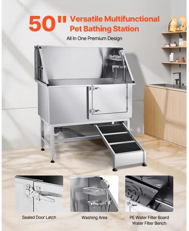 Alt view image 2 of 7 - Stainless Steel Dog Washing Station, 50 inch Pet Grooming Tub w/ Ramp, PE Water Filter Board, Faucet & Showerhead & Soap Holder Dog Bathtub for Large & Medium & Small Pets (Right Door)