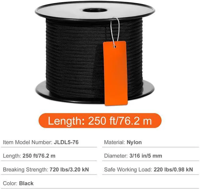 Alt view image 7 of 7 - Braided Nylon Cord, 3/16 inch by 250 feet, 32-Strand Design, 720 LBS Tensile Strength, Multi-Purpose Black Rope for Outdoor, Tree Work, Hiking, Swinging, and Rescue Operations