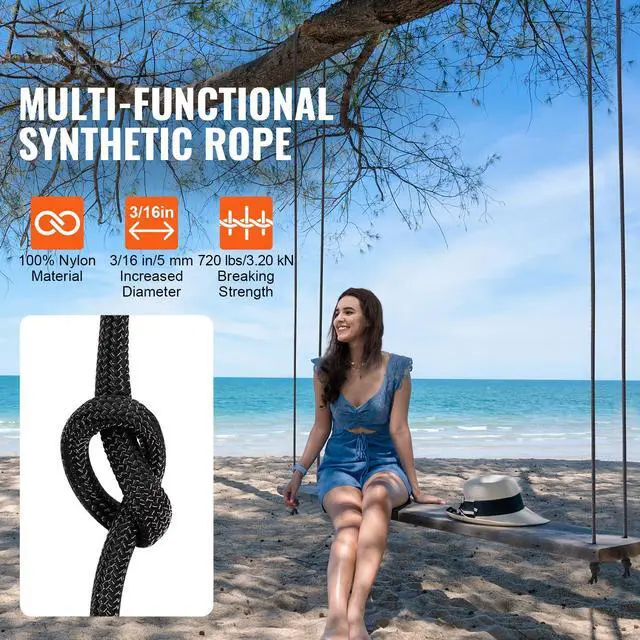 Alt view image 2 of 7 - Braided Nylon Cord, 3/16 inch by 250 feet, 32-Strand Design, 720 LBS Tensile Strength, Multi-Purpose Black Rope for Outdoor, Tree Work, Hiking, Swinging, and Rescue Operations