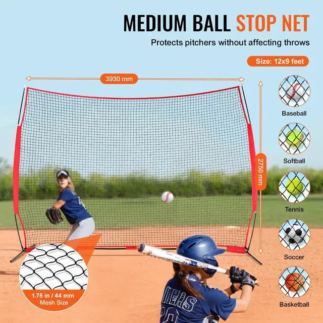 Alt view image 2 of 7 - Barricade Backstop Net, 12x9 ft Ball Sports Barrier Netting, Portable Practice Equipment with Carry Bag, Protection Screen for Baseball Softball Lacrosse Soccer Hockey Training, for Backyard