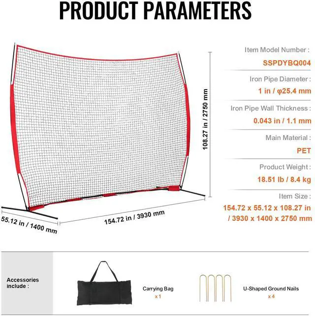 Alt view image 7 of 7 - Barricade Backstop Net, 12x9 ft Ball Sports Barrier Netting, Portable Practice Equipment with Carry Bag, Protection Screen for Baseball Softball Lacrosse Soccer Hockey Training, for Backyard