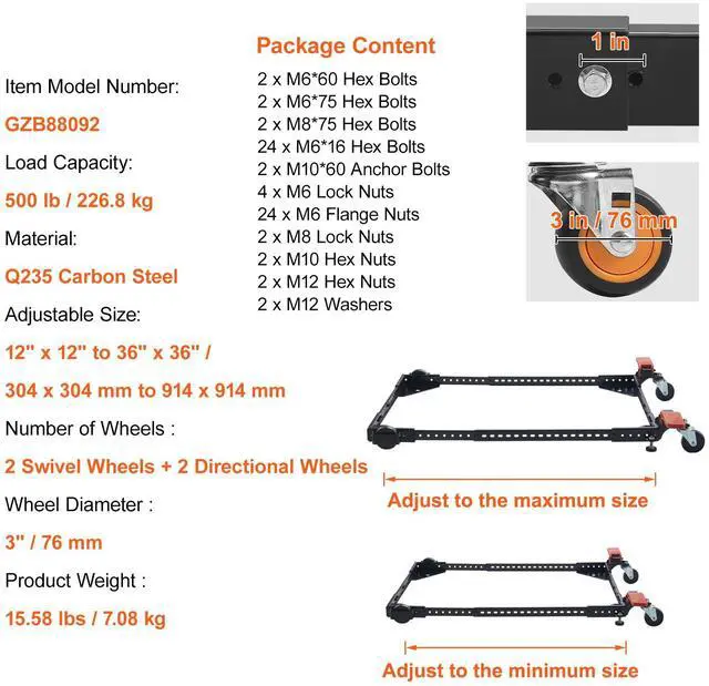 Alt view image 7 of 7 - Mobile Base, 500 lbs Weight Capacity, Adjustable from 12" x 12" to 36" x 36", Heavy Duty Universal Mobile Base Stand with Swivel Wheels, for Woodworking Equipment, Bandsaw, Power Tools, Machines