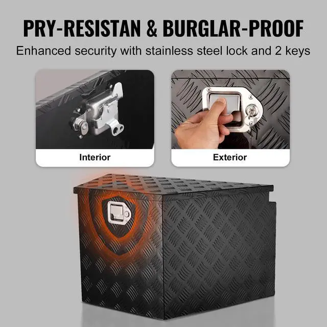 Alt view image 5 of 7 - Trailer Tongue Box, Aluminum Alloy Diamond Plate Tongue Box Tool Chest, Heavy Duty Trailer Box Storage with Lock and Keys, Utility Trailer Tongue Box for Pickup Truck, RV, Trailer, 33"x19"x18"