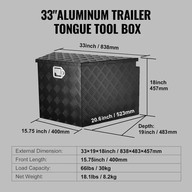 Alt view image 7 of 7 - Trailer Tongue Box, Aluminum Alloy Diamond Plate Tongue Box Tool Chest, Heavy Duty Trailer Box Storage with Lock and Keys, Utility Trailer Tongue Box for Pickup Truck, RV, Trailer, 33"x19"x18"