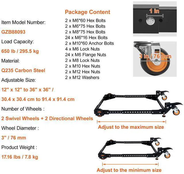Alt view image 7 of 7 - Mobile Base, 650 lbs Weight Capacity, Adjustable from 12" x 12" to 36" x 36", Heavy Duty Universal Mobile Base Stand with Swivel Wheels, for Woodworking Equipment, Bandsaw, Power Tools, Machines