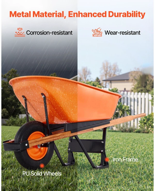 Alt view image 3 of 7 - Wheelbarrow Cart, 6 Cu. Ft. Load & 330 lbs Capacity, One Wheel Garden Dump Cart Wheel Barrow with Metal Handle & 16" Wide Track Wheels, Easy Loading Utility Yard Cart & Wagons for Lawn Farm