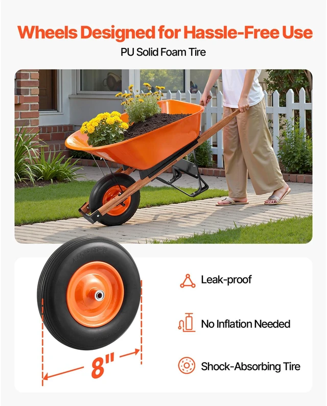 Alt view image 2 of 7 - Wheelbarrow Cart, 6 Cu. Ft. Load & 330 lbs Capacity, One Wheel Garden Dump Cart Wheel Barrow with Metal Handle & 16" Wide Track Wheels, Easy Loading Utility Yard Cart & Wagons for Lawn Farm
