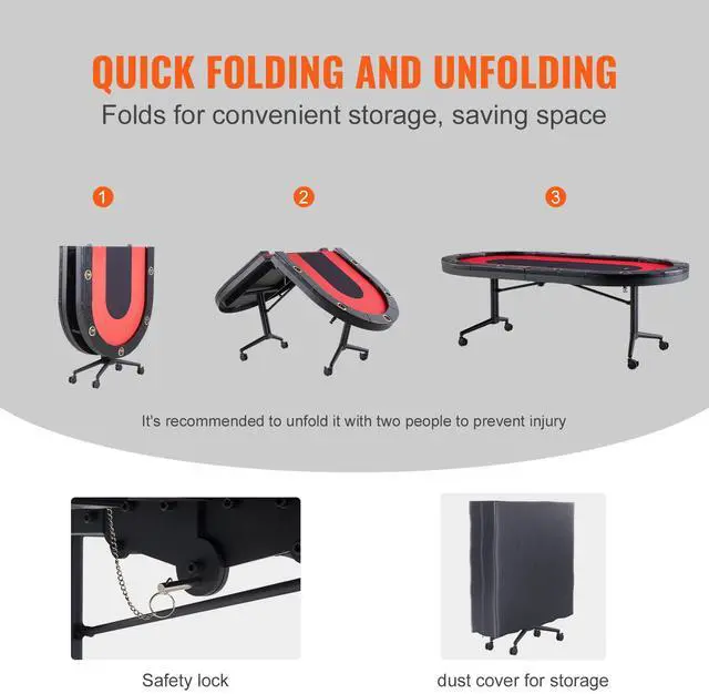 Alt view image 3 of 7 - VEVOR 10 Player Foldable Poker Table, Blackjack Texas Holdem Poker Table with Padded Rails and Stainless Steel Cup Holders, Portable Folding Card Board Game Table, 90" Oval Casino Leisure Table