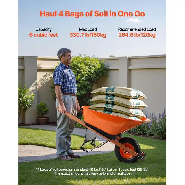 Alt view image 5 of 7 - Wheelbarrow Cart, 6 Cu. Ft. Load & 330 lbs Capacity, One Wheel Garden Dump Cart Wheel Barrow with Metal Handle & 16" Wide Track Wheels, Easy Loading Utility Yard Cart & Wagons for Lawn Farm